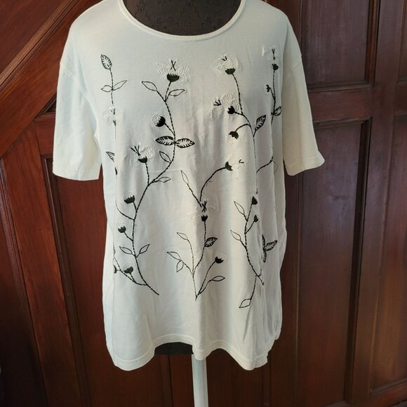 Vtg Talbots Womens Ivory Floral Embroidered Short Sleeve Cotton T-Shirt Size L - Picture 1 of 5